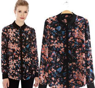 OA*SIS 歐美新款女裝批發(fā) 翻領碎花印花雪紡襯衣長袖襯